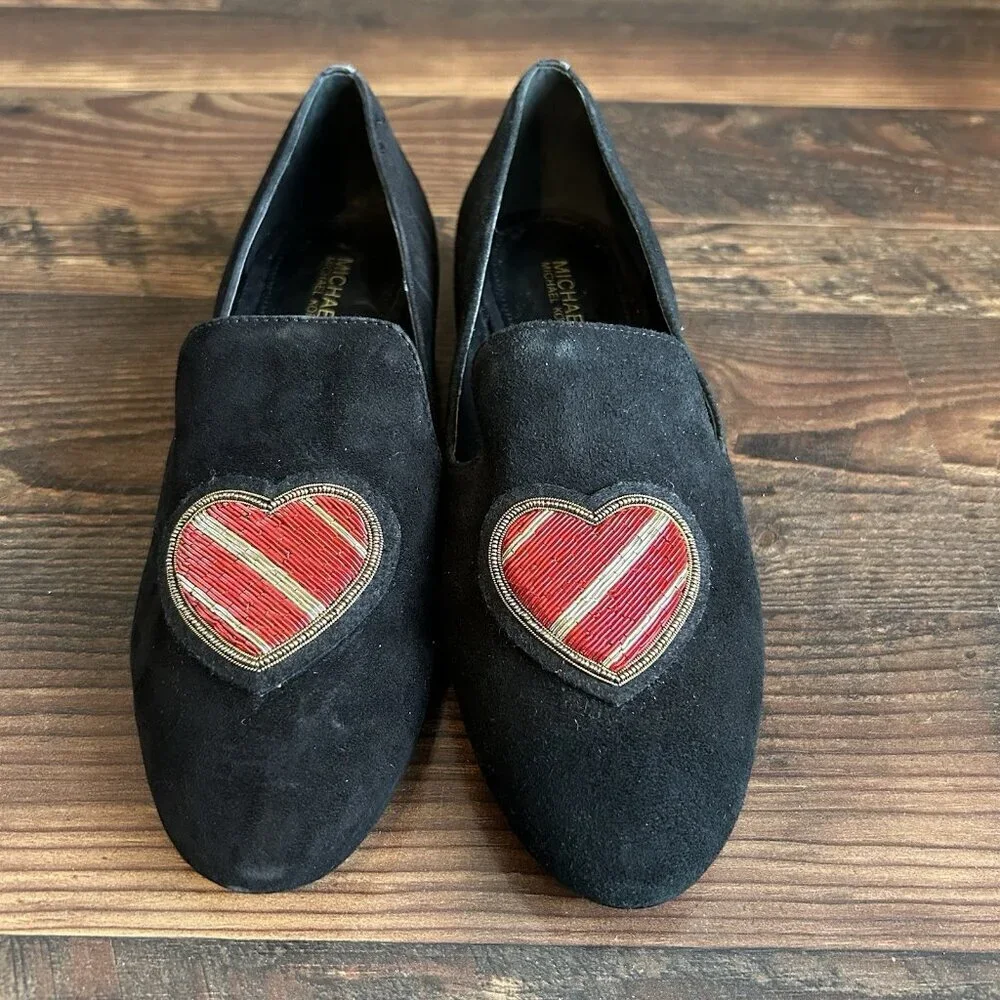 Michael Kors Women's Natasha Loafer Shoes Size 6 M Black Suede Leather Heart EUC